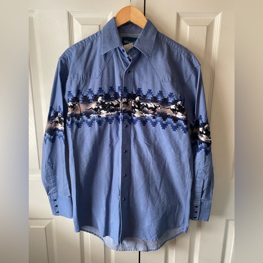 VINTAGE Wrangler Brushpopper Western Print Cotton Aztec Cowboy Pearl Snap ShirtM